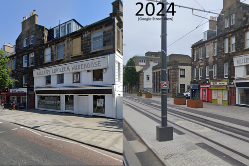Two images of the section of Leith Walk between Smith's Place and Inchkeith House side-by-side. The left depicts 3 trees in 2018 while the right depicts 4 planters.