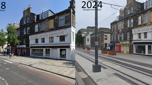 Two images of the section of Leith Walk between Smith's Place and Inchkeith House side-by-side. The left depicts 3 trees in 2018 while the right depicts 4 planters.