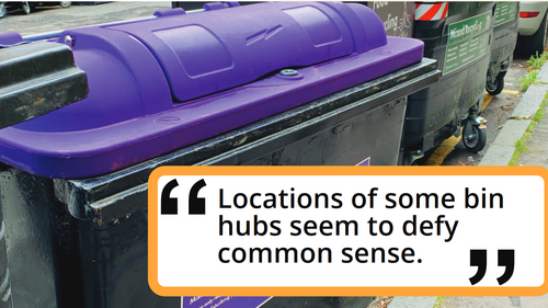 A purple lidded bin in the background with a quote in the foreground reading "Locations of some bin hubs seem to defy common sense"