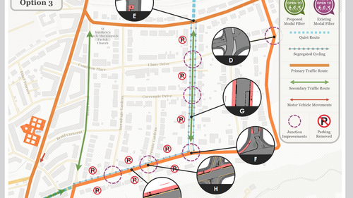 Revised Option 3 map showing a two directional bike lane up Braid Avenue