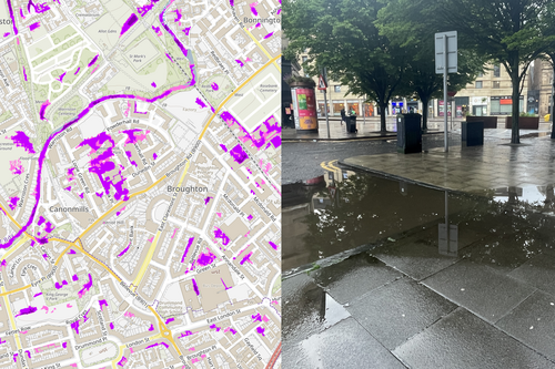 A map on the left with purple areas highlighting a modest flood risk. On the right is a photograph of a blocked drain at Brunswick Street