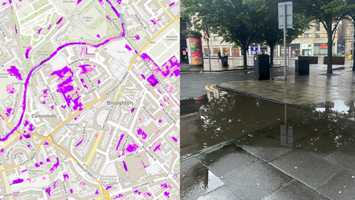 A map on the left with purple areas highlighting a modest flood risk. On the right is a photograph of a blocked drain at Brunswick Street