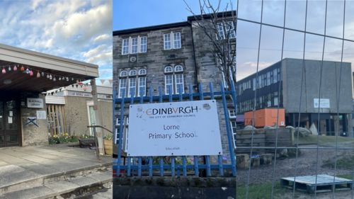 Three photographs respectively depicting Blackhall Library's canopy, the sign in front of Lorne Primary School, and building works surrounding Trinity Primary