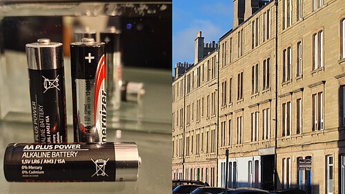 On the left are 3 batteries, on the right is tenement housing in Iona Street on a sunny day