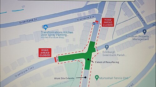 Map of the Greenbank crossroads showing closures showing the extent of surfacing down Greenbank Crescent