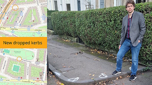 A man standing next to a kerb. Two maps on the left depicting the locations of the new dropped kerb crossings outside Hillside Bowling Club and Montgomery Street Lane respectively