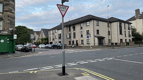 Give Way sign at the corner of Dalmeny Street and Easter Road