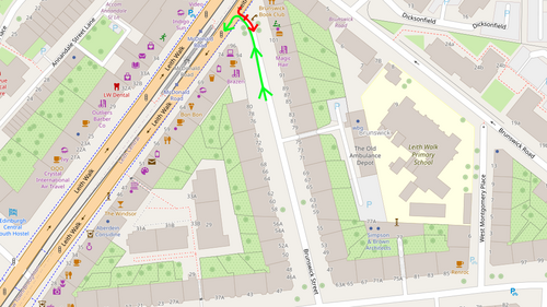 A map showing Brunswick Street, with a green line exiting and a red line entering from Leith Walk